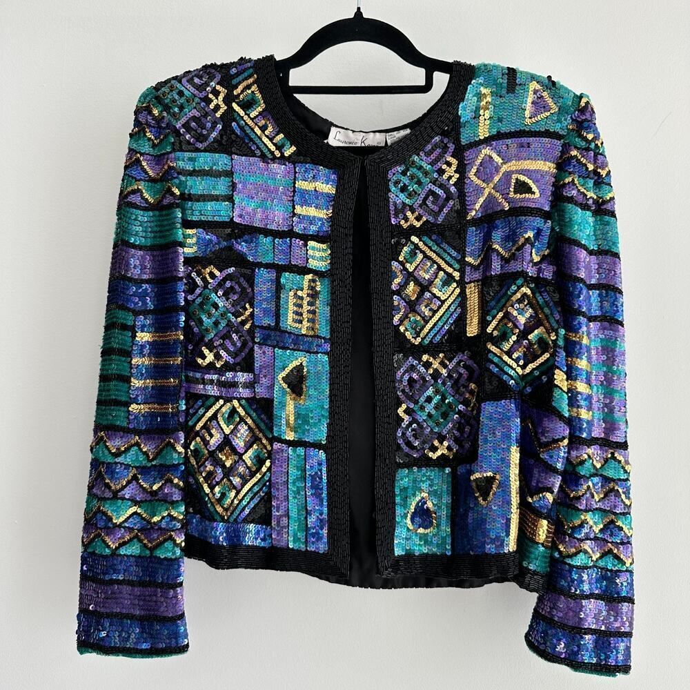 Vintage Lawrence Kazar Silk Sequin Jacket XL Disco Glam Maximalist Block Art NYE